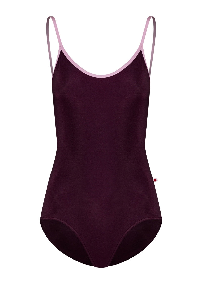 Yumiko Fiona camisole leotard with mesh cross back panels in Opera with Confetti trim