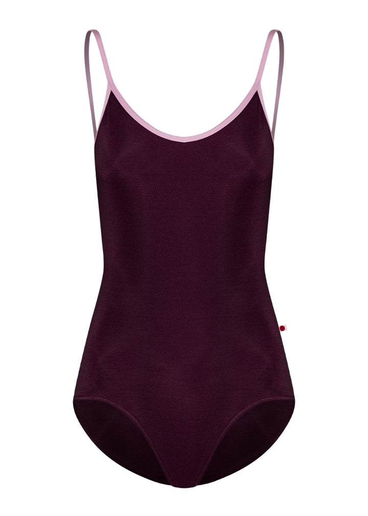 Yumiko Fiona camisole leotard with mesh cross back panels in Opera with Confetti trim