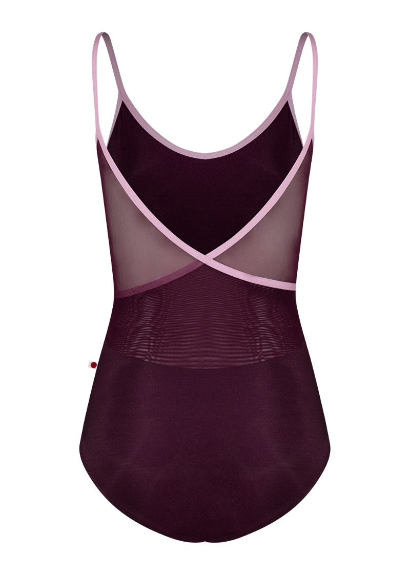 Yumiko Fiona camisole leotard with mesh cross back panels in Opera with Confetti trim