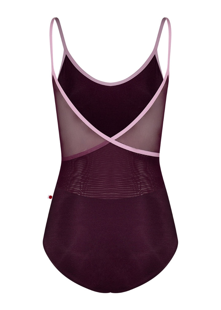 Yumiko Fiona camisole leotard with mesh cross back panels in Opera with Confetti trim