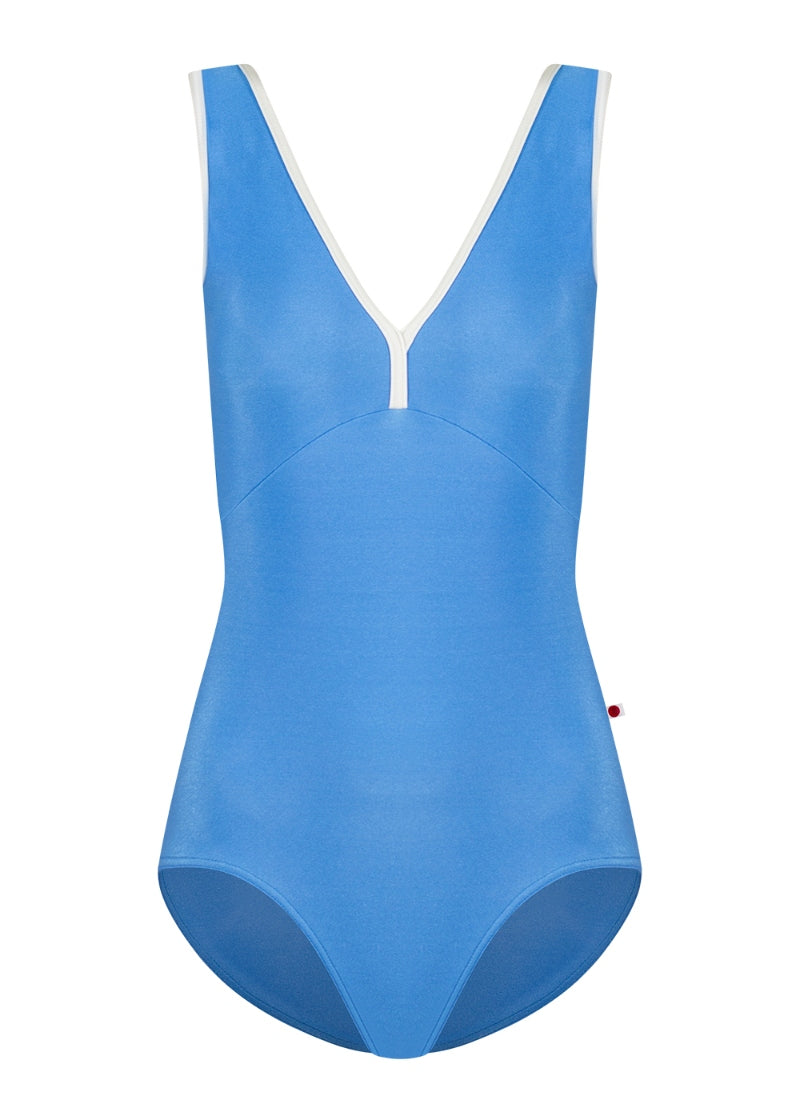 Yumiko Alicia tank leotard with mesh cross back panels in Sky with Antique trim