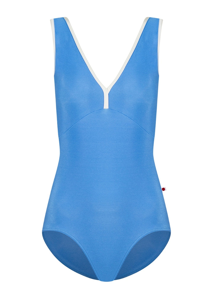 Yumiko Alicia tank leotard with mesh cross back panels in Sky with Antique trim