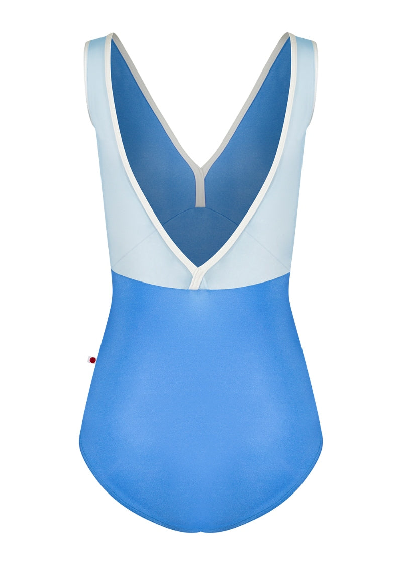 Yumiko Alicia tank leotard with mesh cross back panels in Sky with Antique trim
