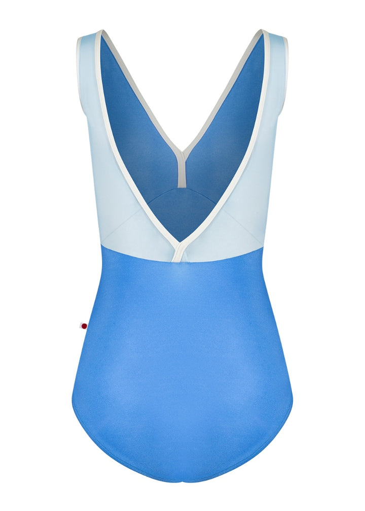 Yumiko Alicia tank leotard with mesh cross back panels in Sky with Antique trim