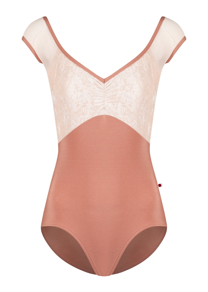 Yumiko Elli cap sleeve leotard with mesh back panels in Rosewood with Misty Rose crushed velvet pinch front top