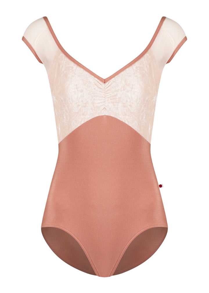 Yumiko Elli cap sleeve leotard with mesh back panels in Rosewood with Misty Rose crushed velvet pinch front top