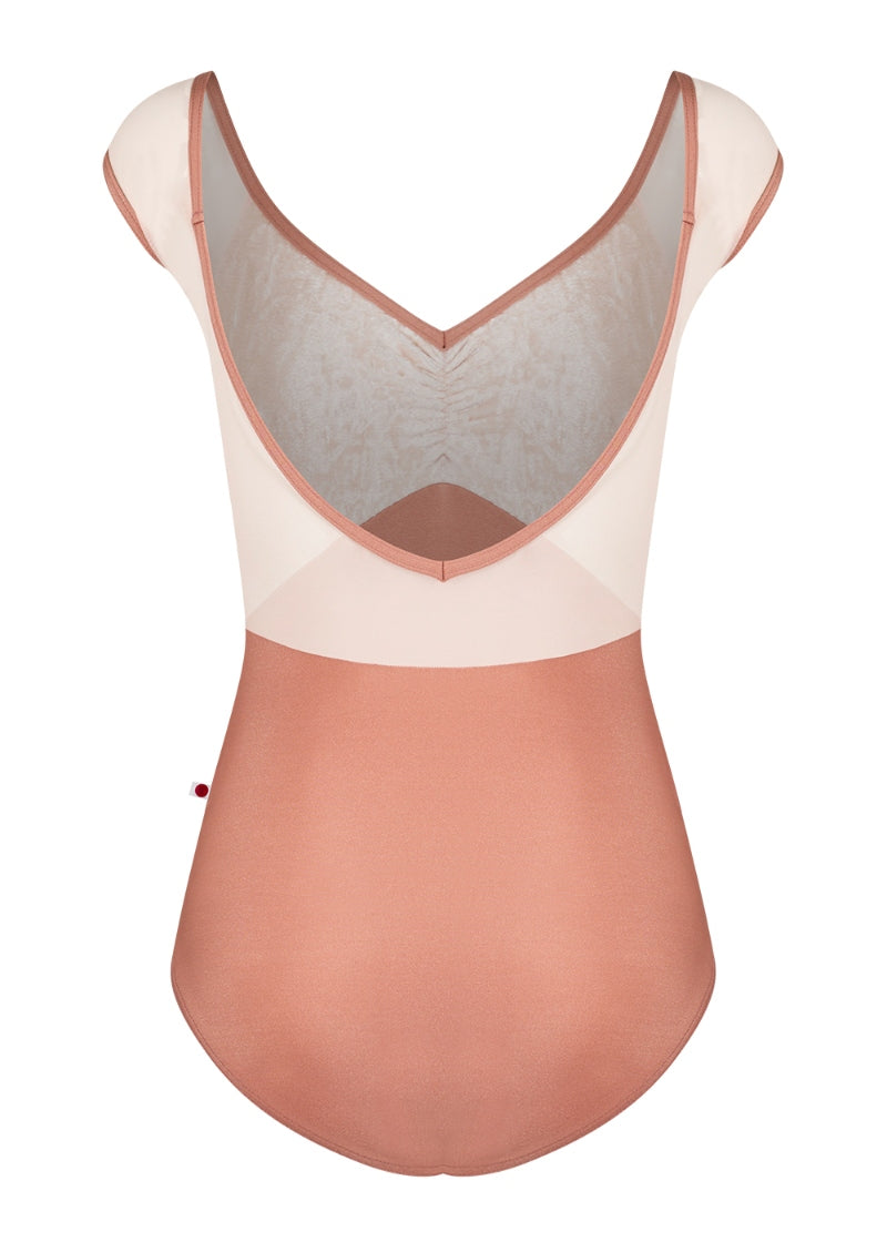Yumiko Elli cap sleeve leotard with mesh back panels in Rosewood with Misty Rose crushed velvet pinch front top