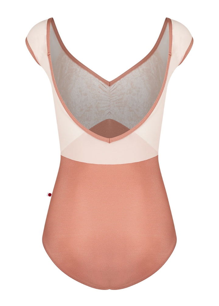 Yumiko Elli cap sleeve leotard with mesh back panels in Rosewood with Misty Rose crushed velvet pinch front top