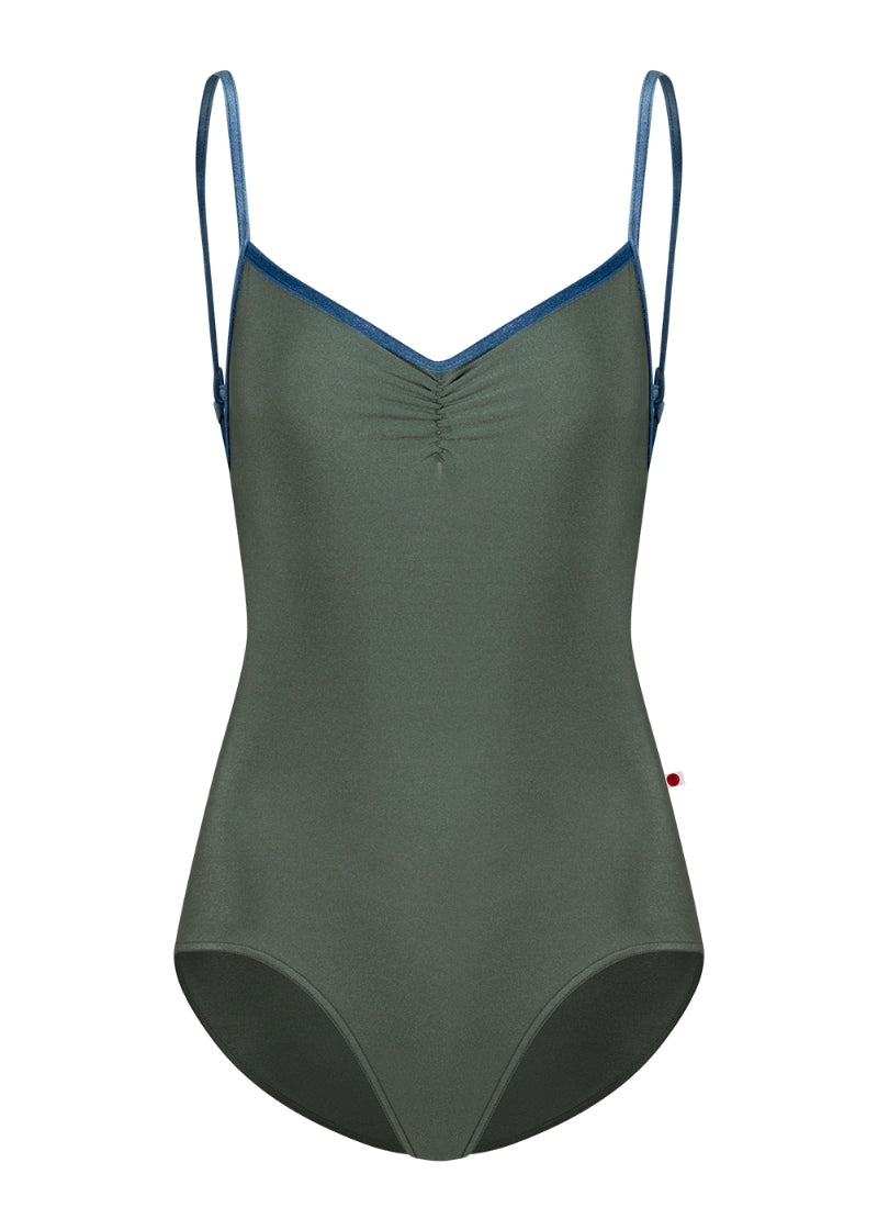 Yumiko Tamara pinch front camisole leotard with back strap in Sage with Ocean velvet trim