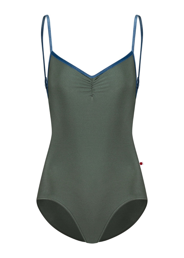 Yumiko Tamara pinch front camisole leotard with back strap in Sage with Ocean velvet trim