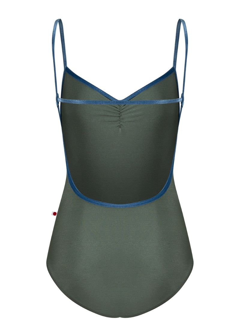 Yumiko Tamara pinch front camisole leotard with back strap in Sage with Ocean velvet trim