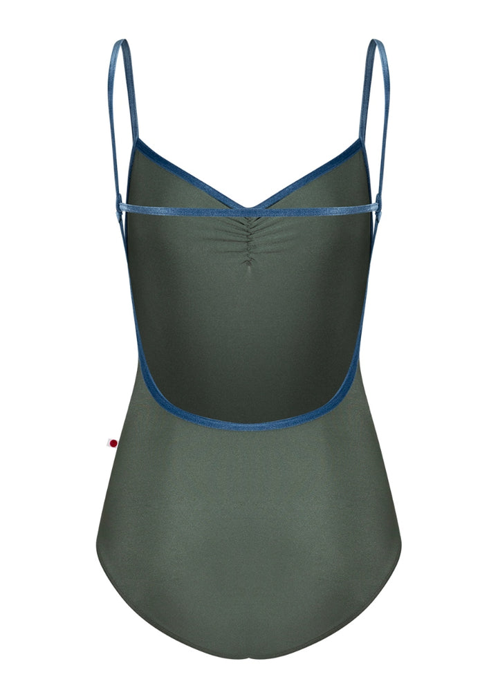 Yumiko Tamara pinch front camisole leotard with back strap in Sage with Ocean velvet trim