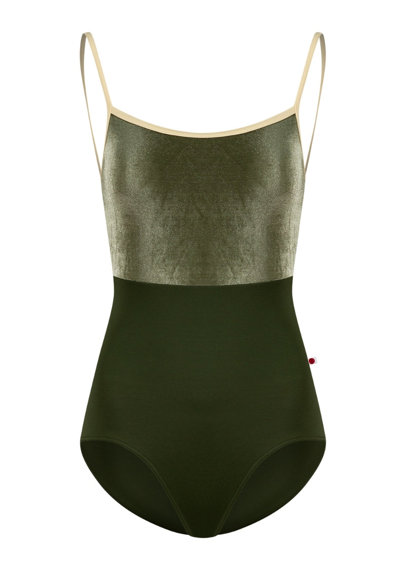 Yumiko Daniela camisole leotard in Jungle with Safari velvet bodice and Vanilla trim