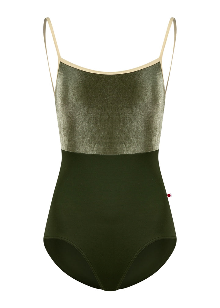 Yumiko Daniela camisole leotard in Jungle with Safari velvet bodice and Vanilla trim