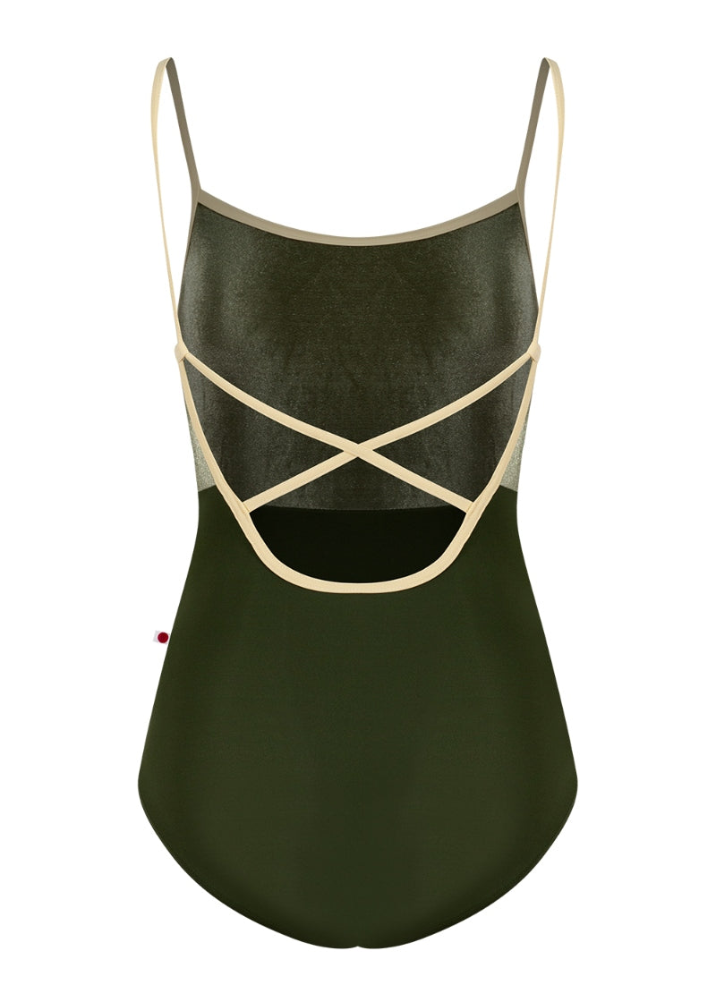 Yumiko Daniela camisole leotard with crisscross back straps in Jungle with Safari velvet bodice and Vanilla trim