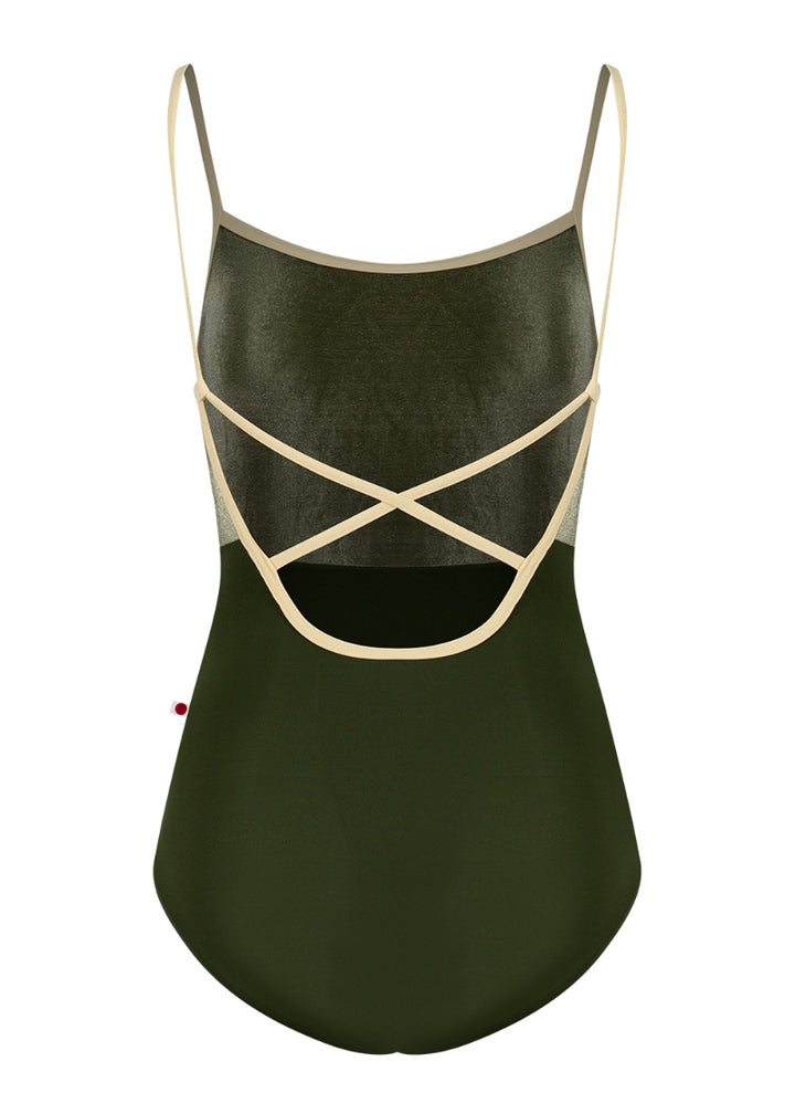 Yumiko Daniela camisole leotard with crisscross back straps in Jungle with Safari velvet bodice and Vanilla trim