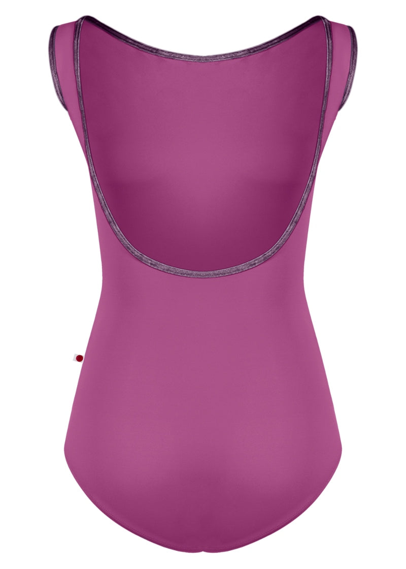 Yumiko MAY-26 Women's Sofiane Tank Leotard in Vineyard Purple with Eggplant Dark Purple Velvet Trim and mid-cut scoop back