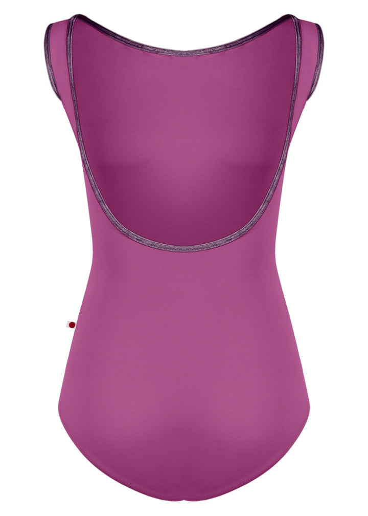 Yumiko MAY-26 Women's Sofiane Tank Leotard in Vineyard Purple with Eggplant Dark Purple Velvet Trim and mid-cut scoop back
