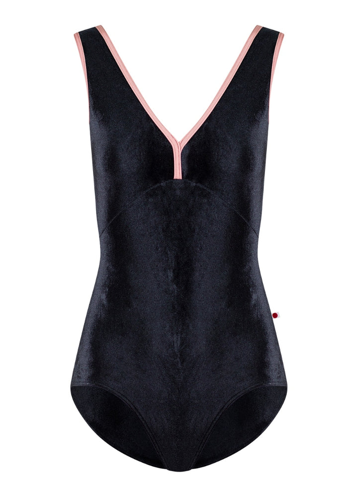Yumiko Alicia tank leotard in black velvet with under bust seam and pink trim on neckline and arm holes