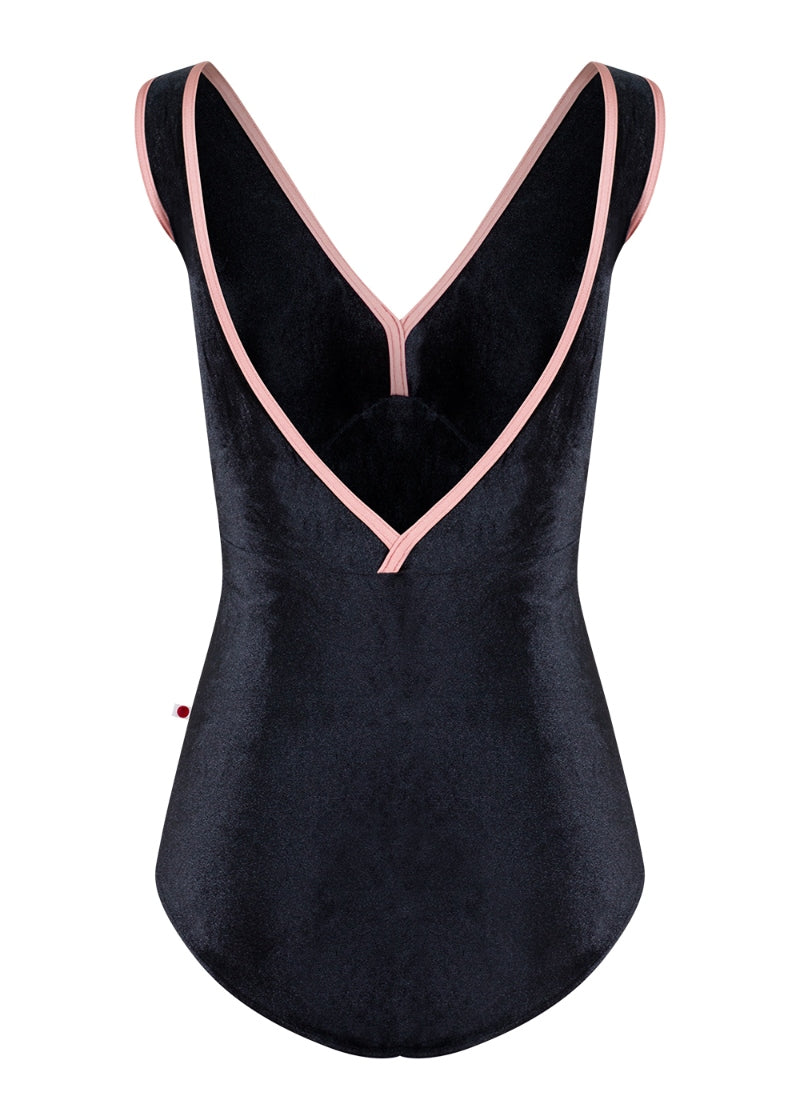 Yumiko Alicia tank leotard in black velvet with mid-back seam and pink trim on an open V back