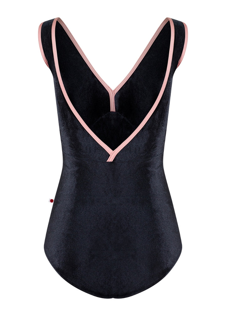 Yumiko Alicia tank leotard in black velvet with mid-back seam and pink trim on an open V back