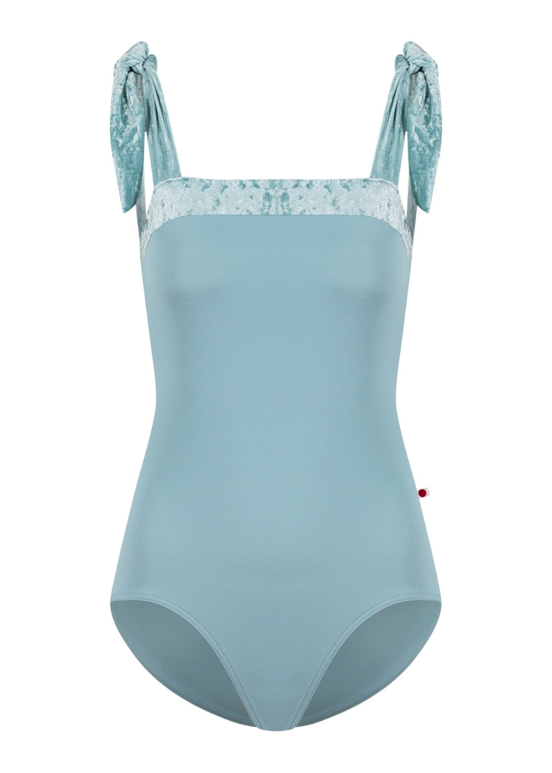 Yumiko Mimi tank leotard in light blue with velvet trim and tie straps
