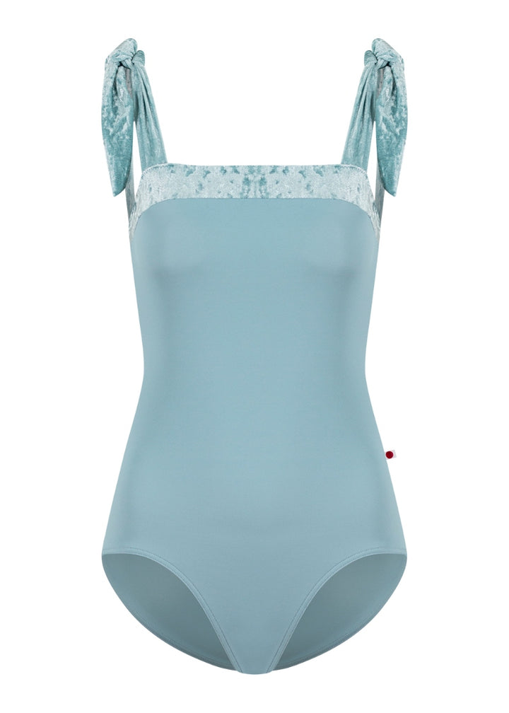 Yumiko Mimi tank leotard in light blue with velvet trim and tie straps