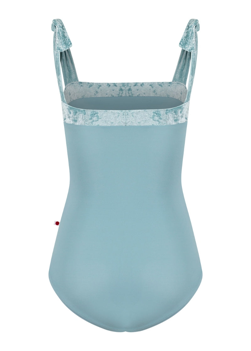 Yumiko Mimi tank leotard in light blue with velvet trim and tie straps