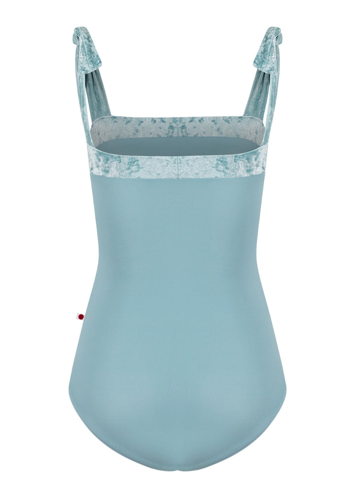 Yumiko Mimi tank leotard in light blue with velvet trim and tie straps