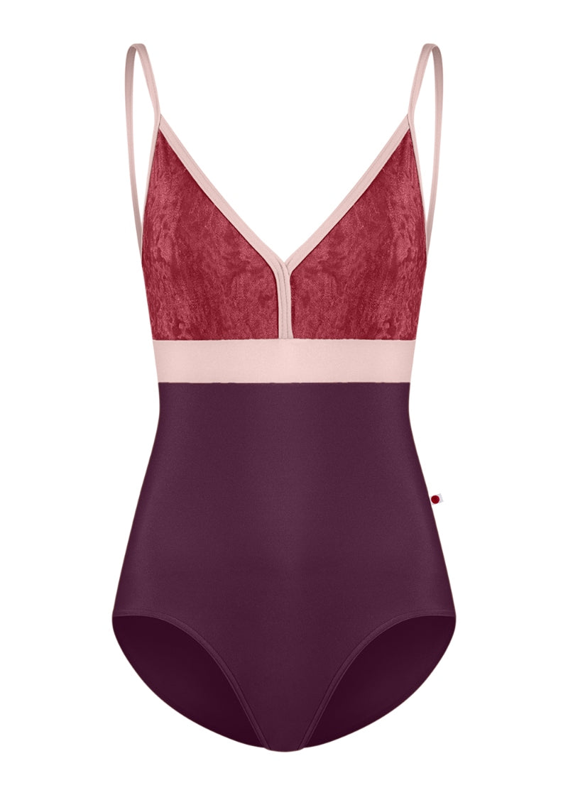 Yumiko Zoe camisole leotard with burgundy velvet bust, dark purple body, and light pink trim and straps