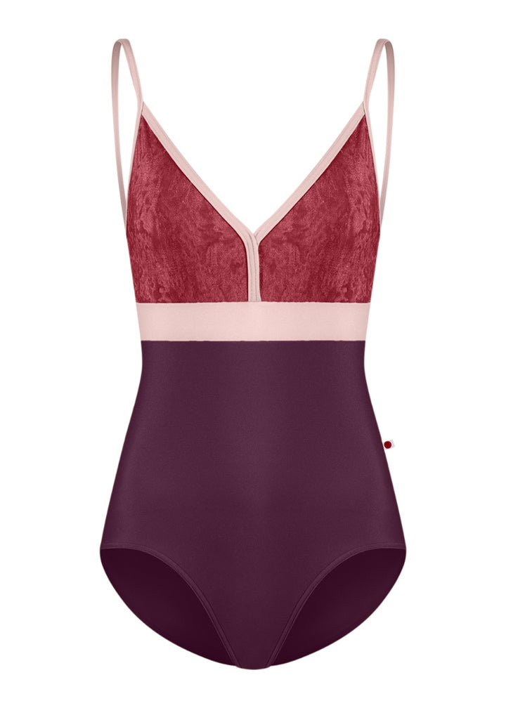 Yumiko Zoe camisole leotard with burgundy velvet bust, dark purple body, and light pink trim and straps