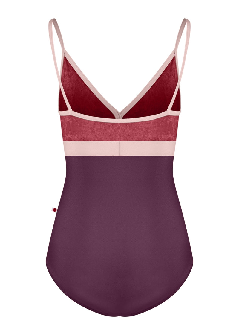 Yumiko Zoe camisole leotard with burgundy velvet bust, dark purple body, and light pink trim and straps