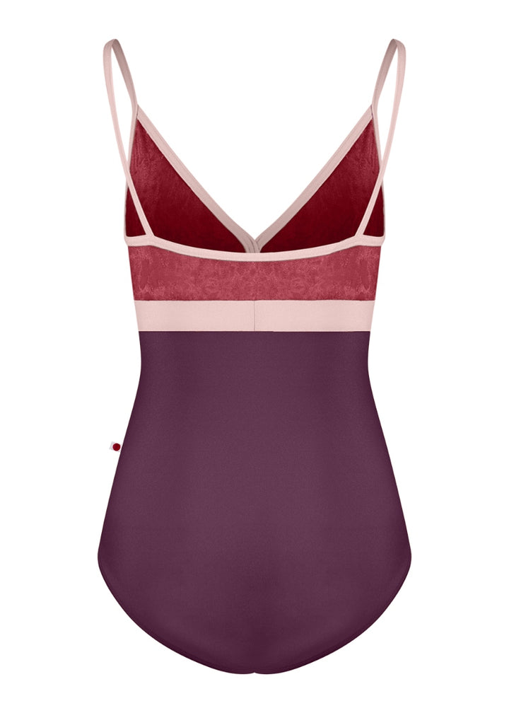 Yumiko Zoe camisole leotard with burgundy velvet bust, dark purple body, and light pink trim and straps