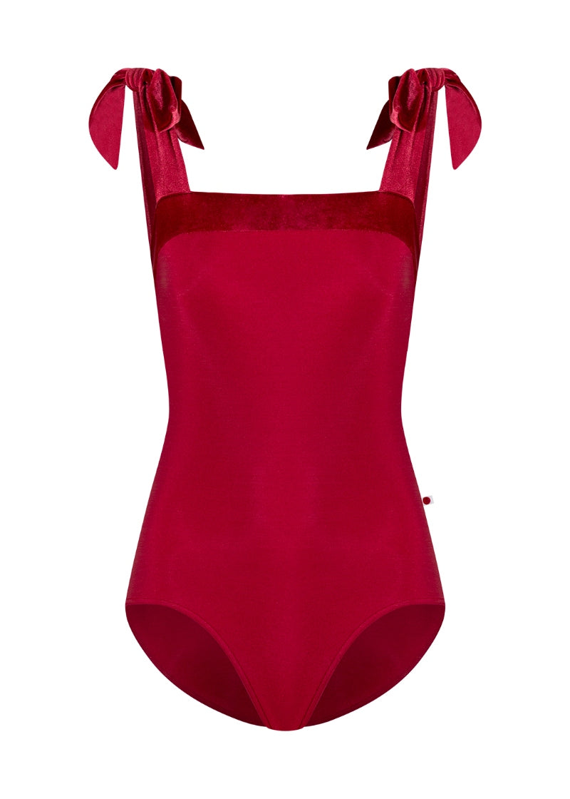 red tank leotard with velvet tie straps