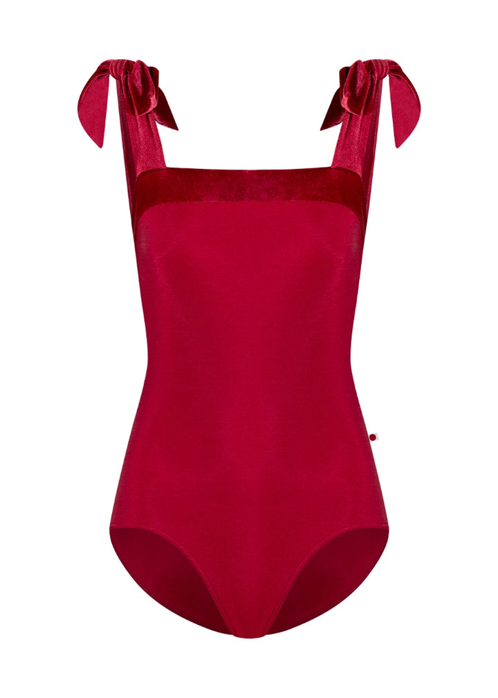 red tank leotard with velvet tie straps