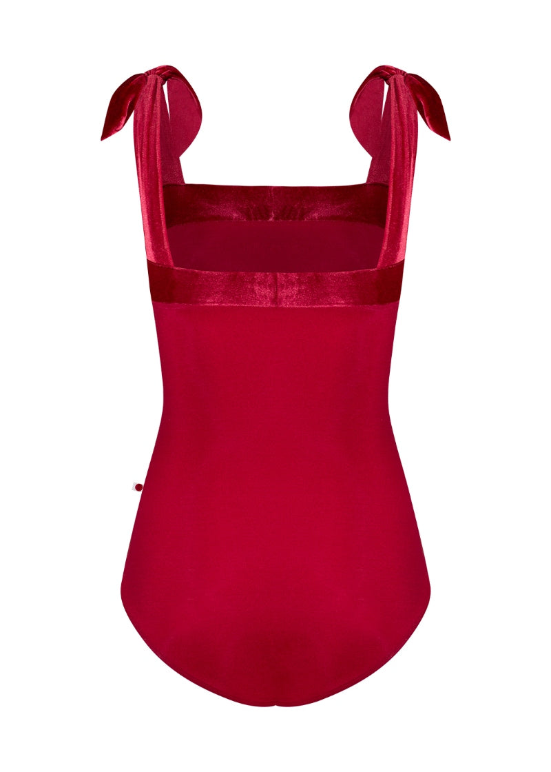 red tank leotard with velvet tie straps