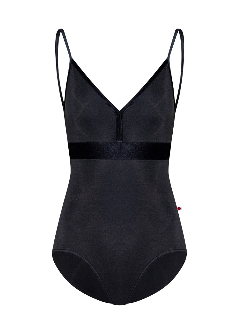 black camisole leotard with velvet trim, straps, and waistband