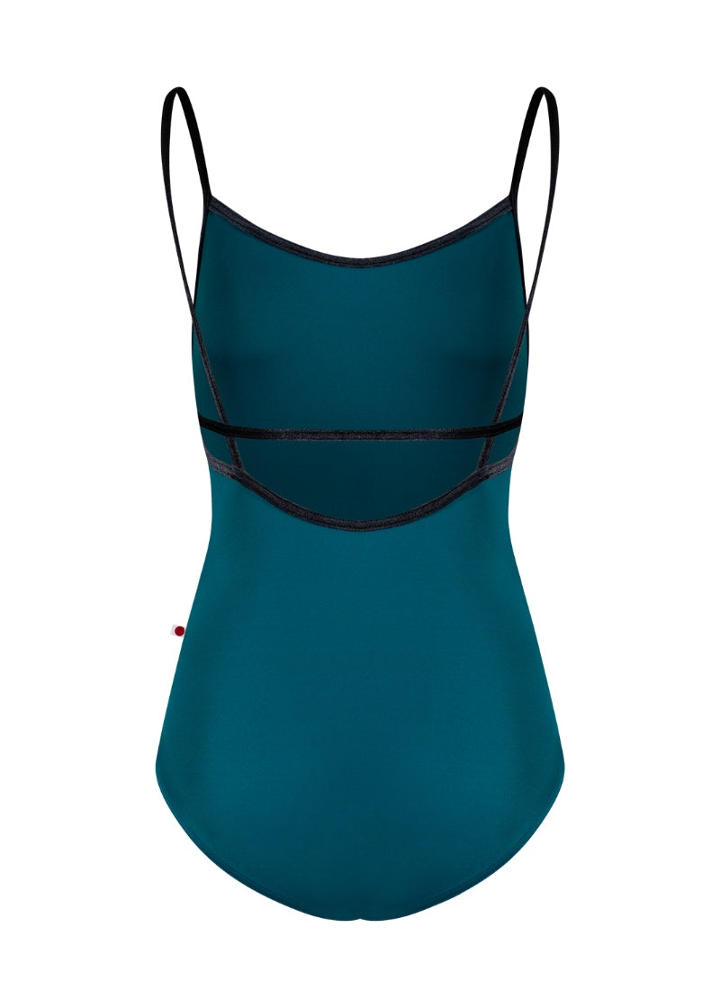 teal camisole leotard with black trim and straps and additional back strap