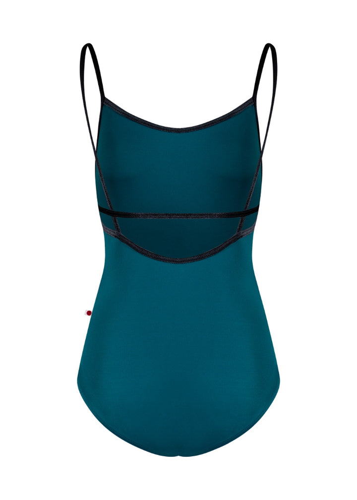 teal camisole leotard with black trim and straps and additional back strap