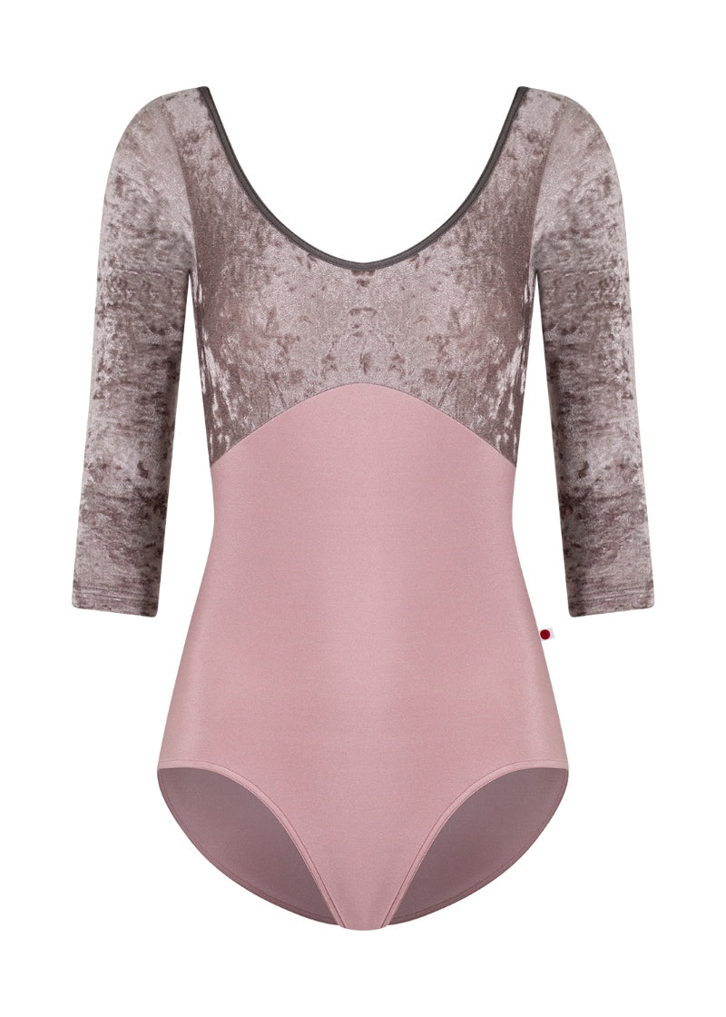 3/4 sleeve leotard with muted pink base, taupe velvet bust and sleeves, and gray trim