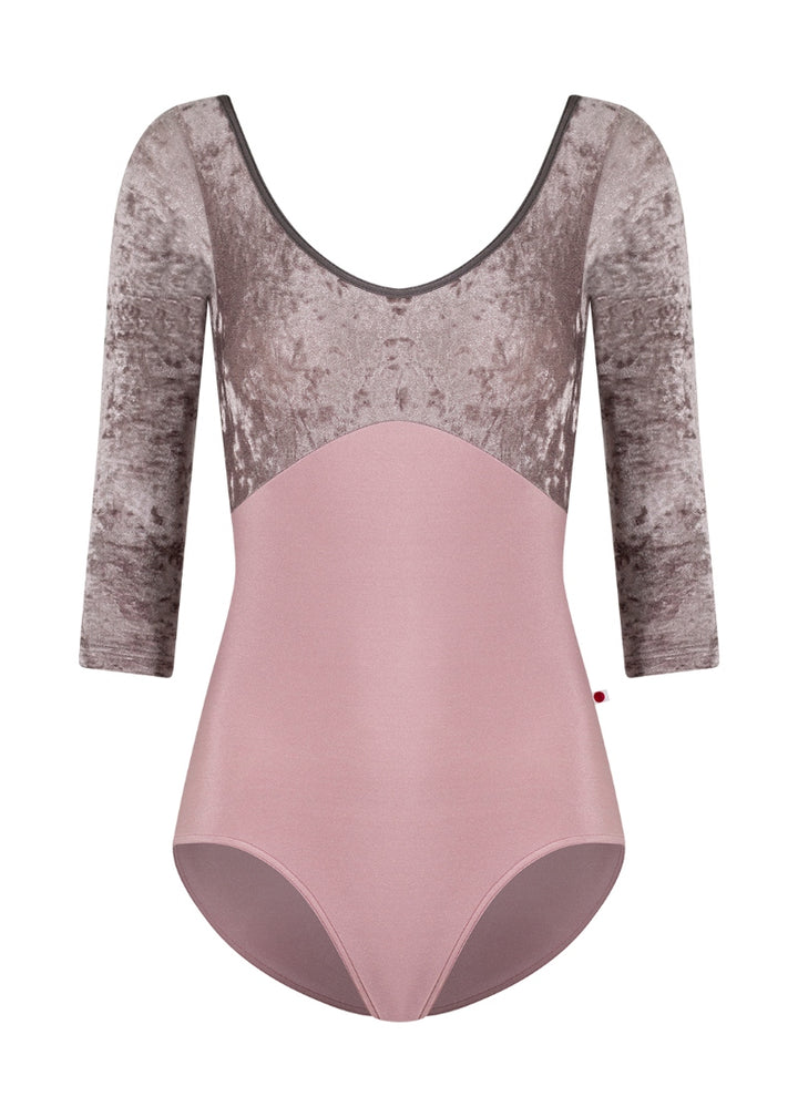 3/4 sleeve leotard with muted pink base, taupe velvet bust and sleeves, and gray trim