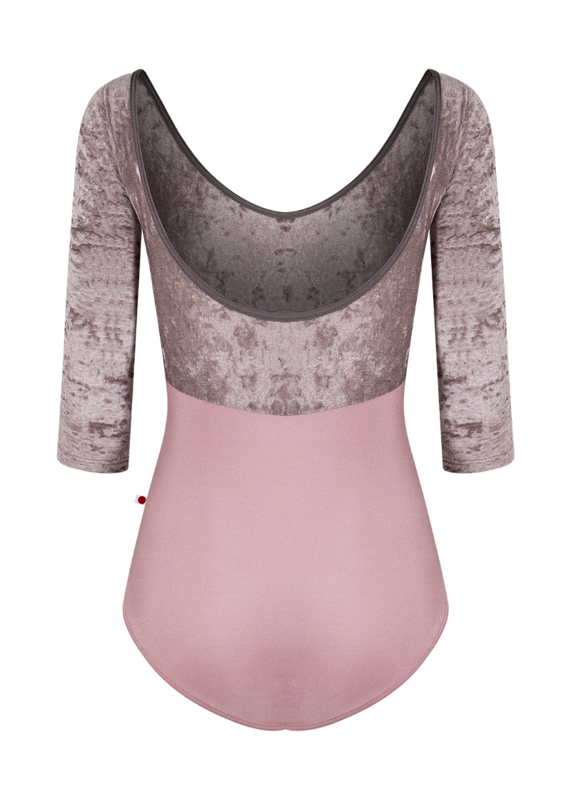 3/4 sleeve leotard with muted pink base, taupe velvet bust and sleeves, and gray trim