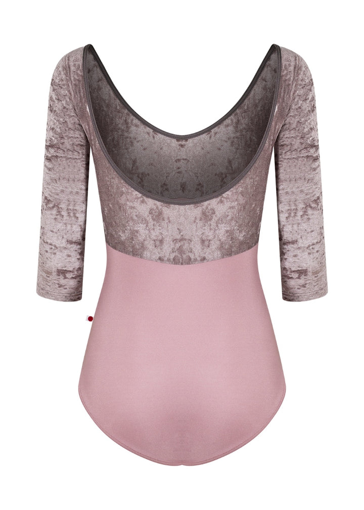 3/4 sleeve leotard with muted pink base, taupe velvet bust and sleeves, and gray trim