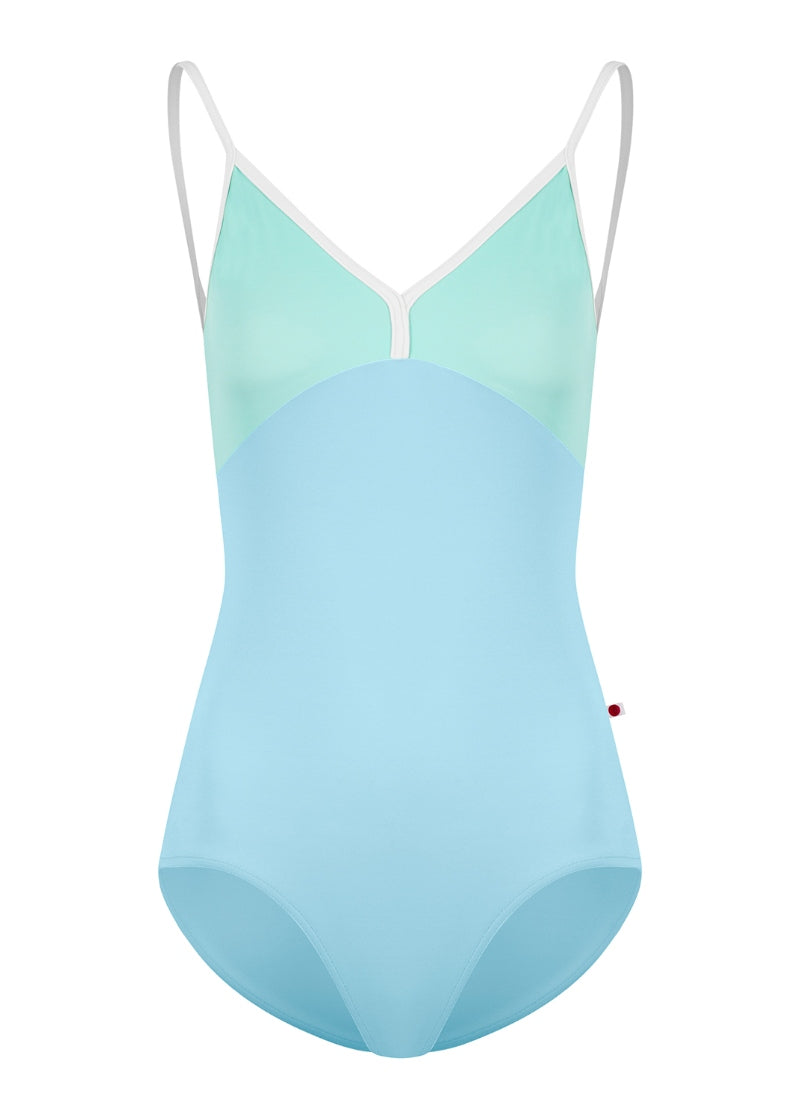 Yumiko Oct-26-02 Daria camisole leotard with top in Frozen, bottom in Pool, and White trim