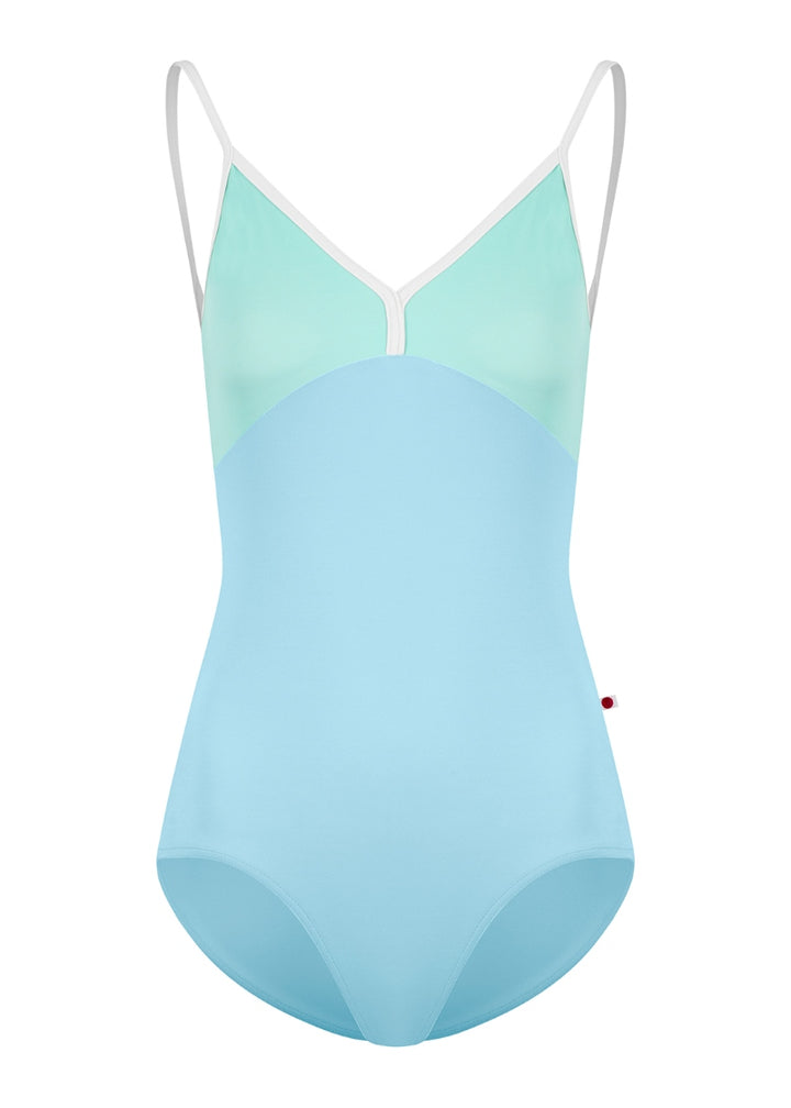 Yumiko Oct-26-02 Daria camisole leotard with top in Frozen, bottom in Pool, and White trim