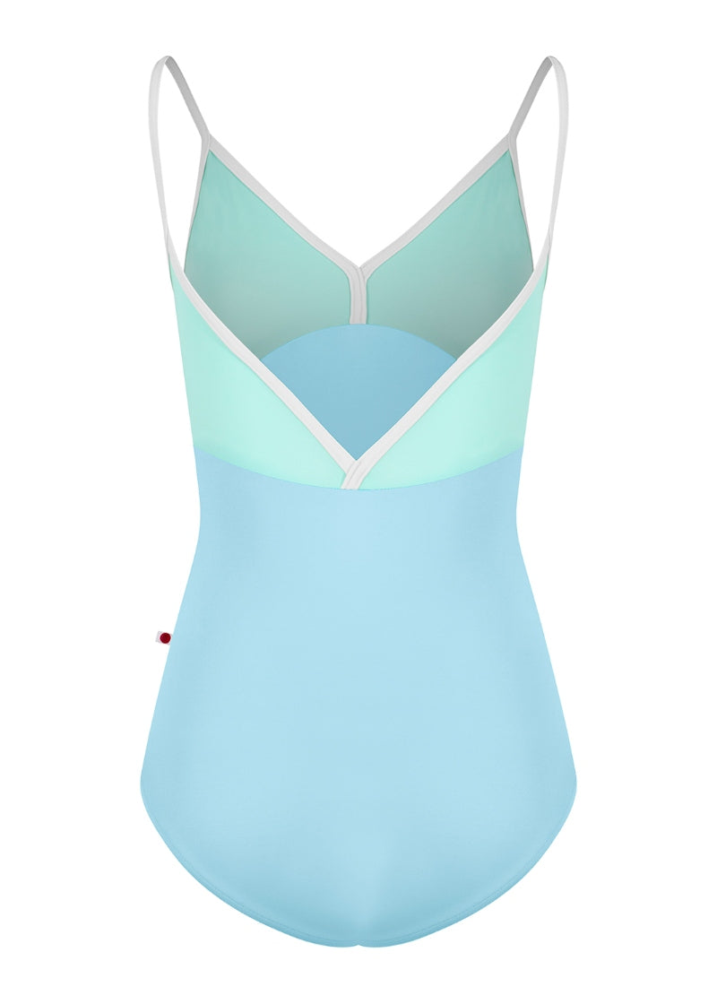 Yumiko Oct-26-02 Daria camisole leotard with top in Frozen, bottom in Pool, and White trim