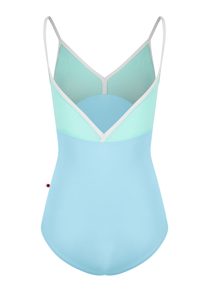 Yumiko Oct-26-02 Daria camisole leotard with top in Frozen, bottom in Pool, and White trim