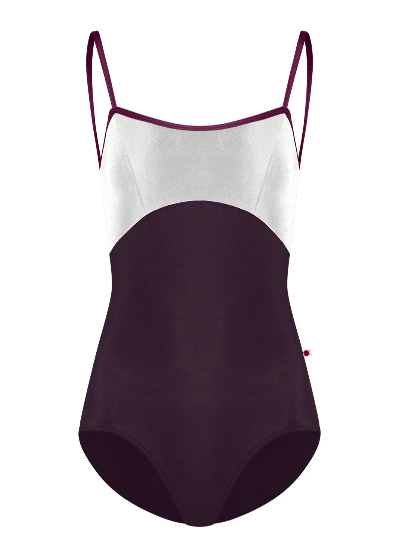 Yumiko Oct-26-04 Denise camisole leotard with top in White velvet, bottom in Eggplant, and Opera trim