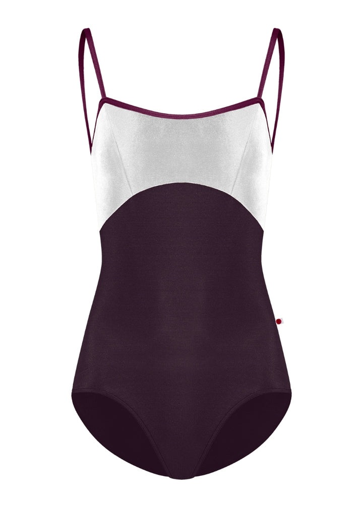 Yumiko Oct-26-04 Denise camisole leotard with top in White velvet, bottom in Eggplant, and Opera trim