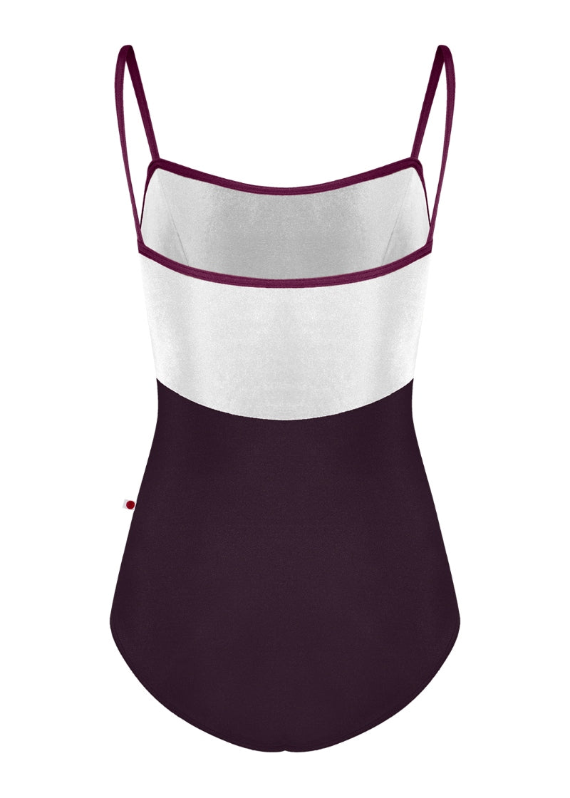 Yumiko Oct-26-04 Denise camisole leotard with top in White velvet, bottom in Eggplant, and Opera trim